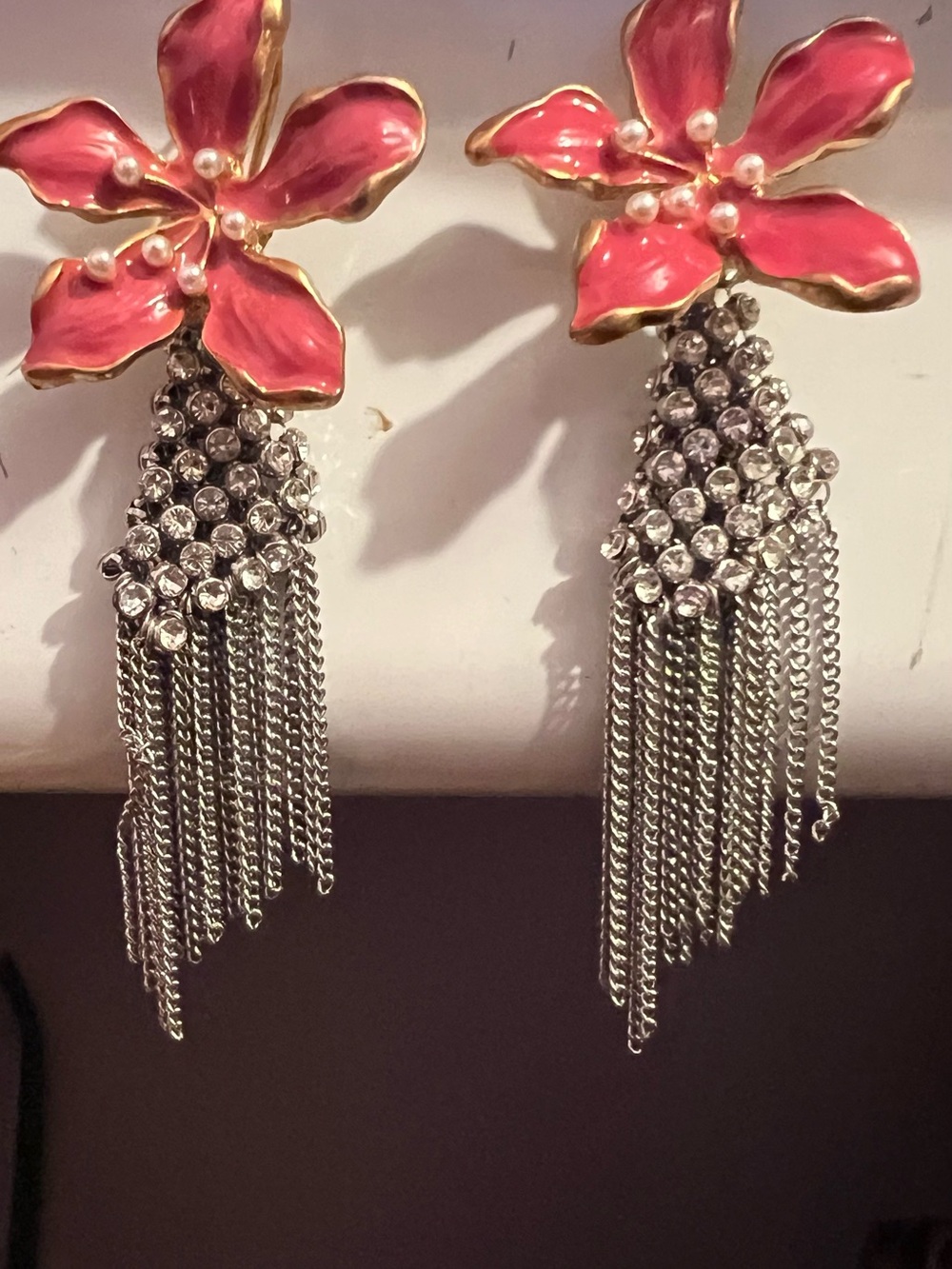 Guess Pink Floral Tassel Drop Earrings with Silver Chains